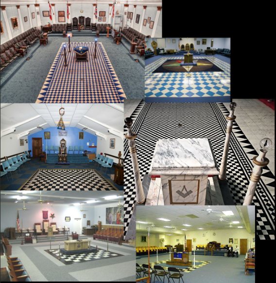 Collage of Masonic lodge interiors with checkerboard floors