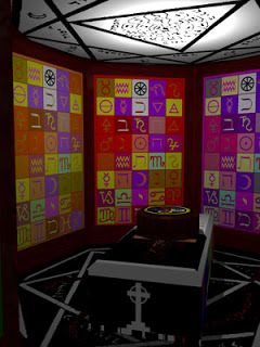 Dark ritual room lined with glyph tiles