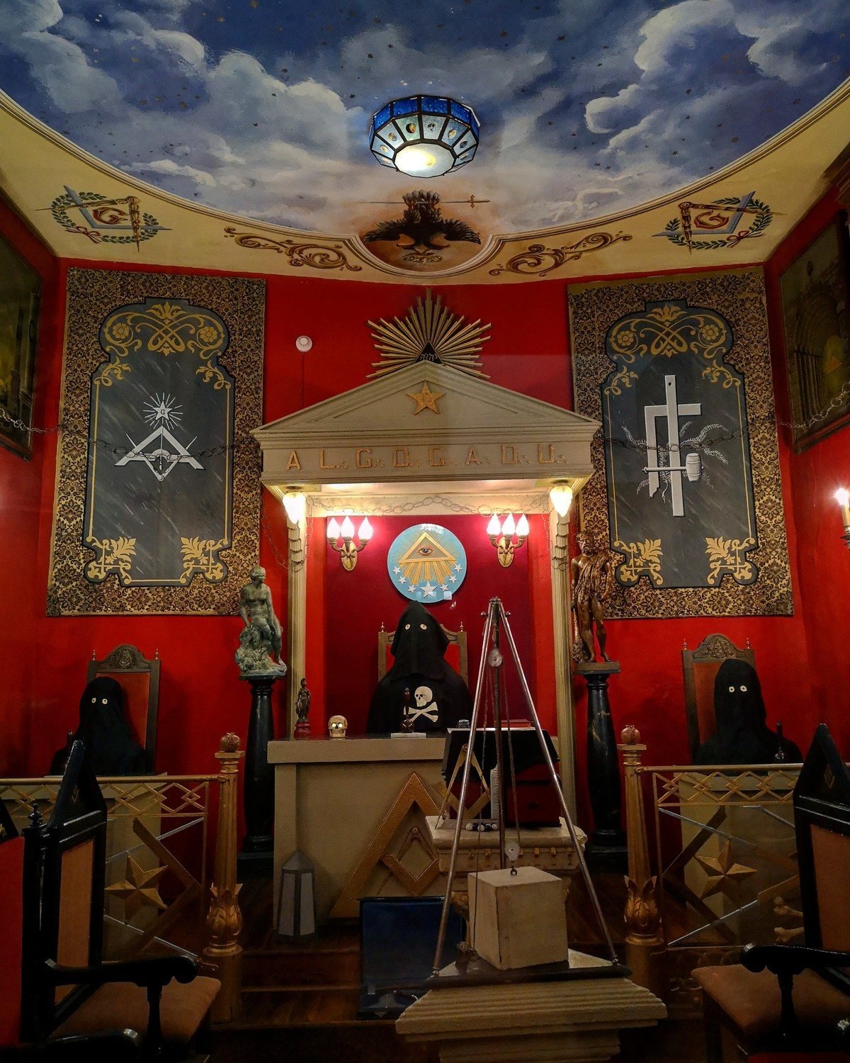 Masonic lodge interior, red and gold