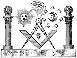 Masonic square and compass between pillars under the all-seeing eye